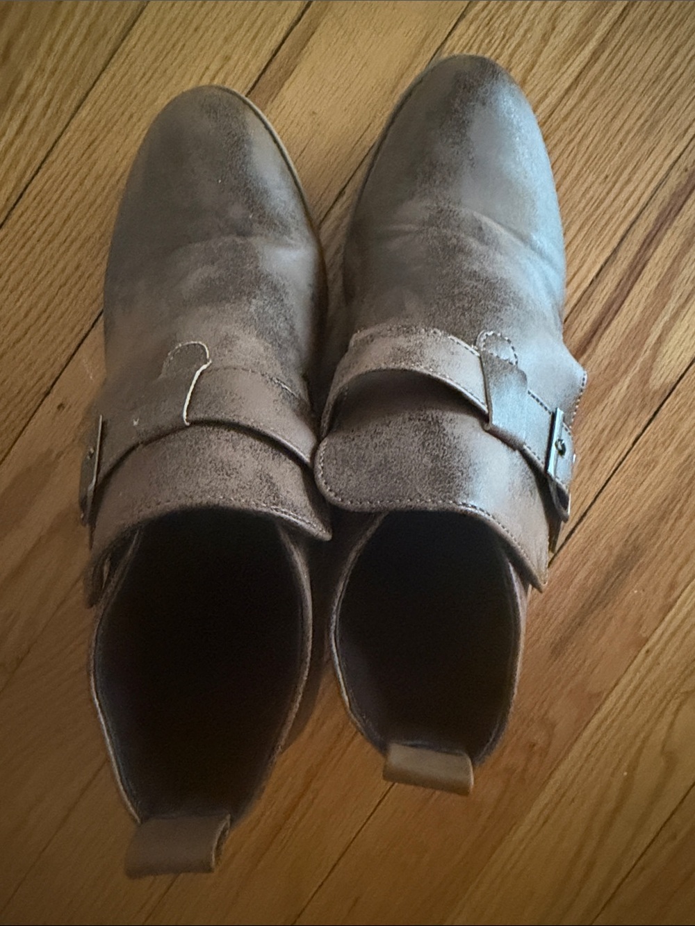 Suede Buckle Ankle Boots in Taupe